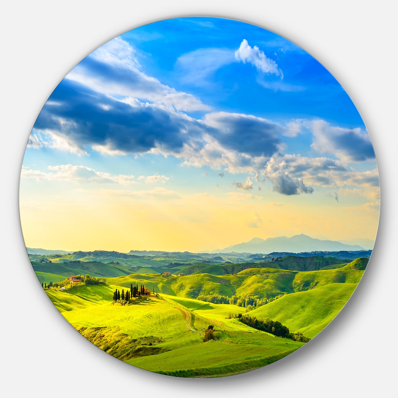Designart - Colorful Tuscany Countryside Farm' Disc Landscape Metal Circle Wall Art